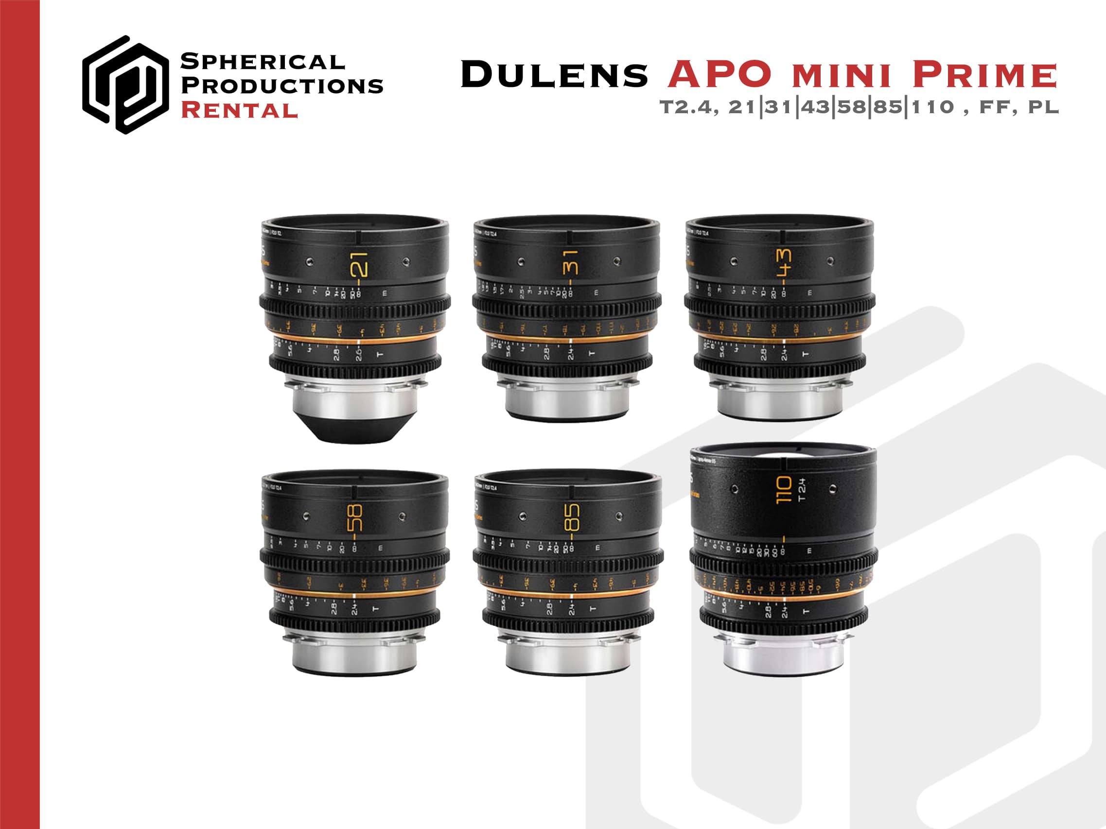 Dulens APO Mini Prime 6-Lens Set | 21/31/43/58/85/110mm T2.4, PL, Full-Frame