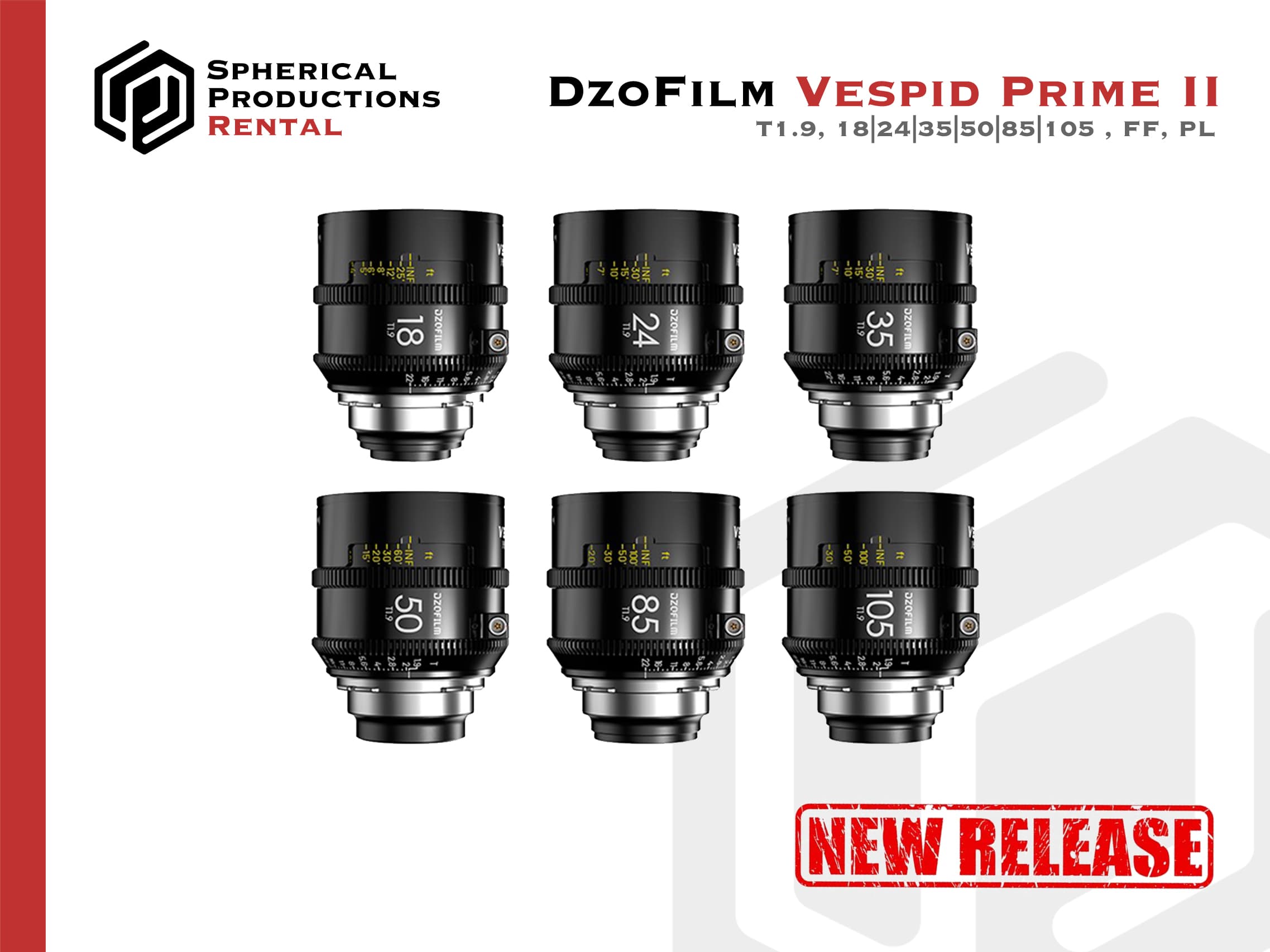 DZOFilm Vespid Prime 2 T1.9 6-Lens Set | 18/24/35/50/85/105mm, Full-Frame, PL