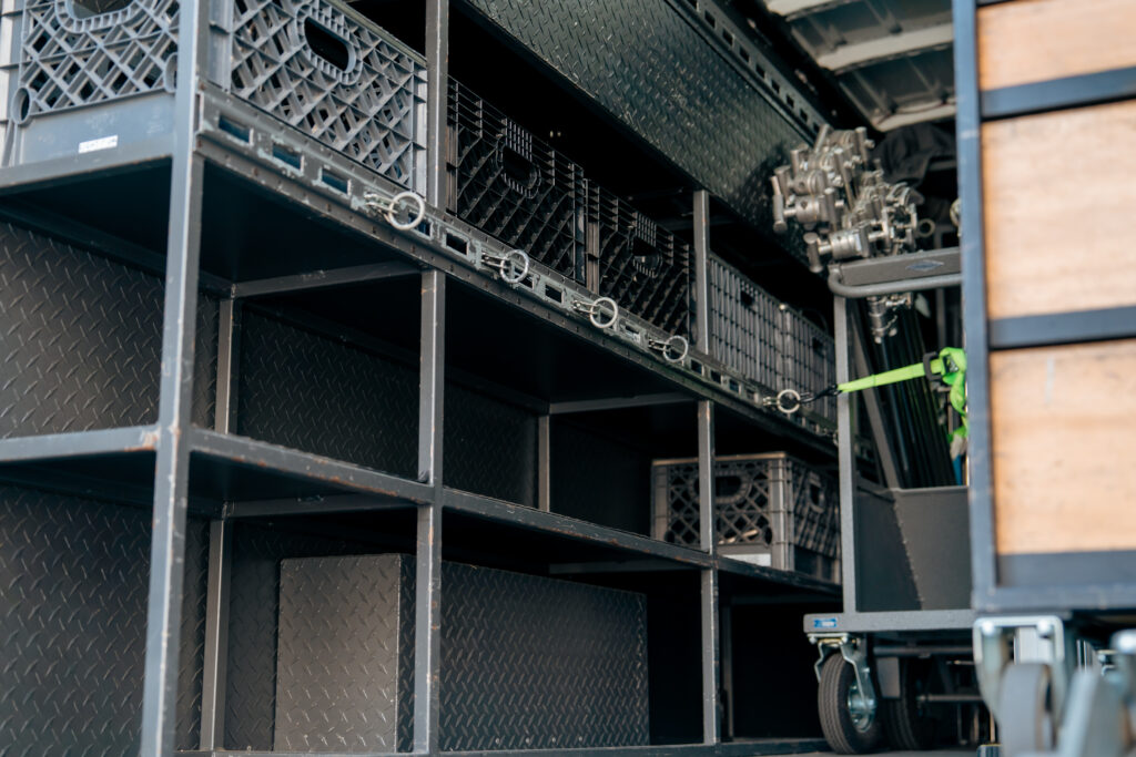 Spherical Productions warehouse lighting and grip gear shelving